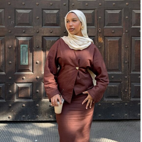 Brown Linen Maxi Skirt & Top Set - Picture 1 of 2